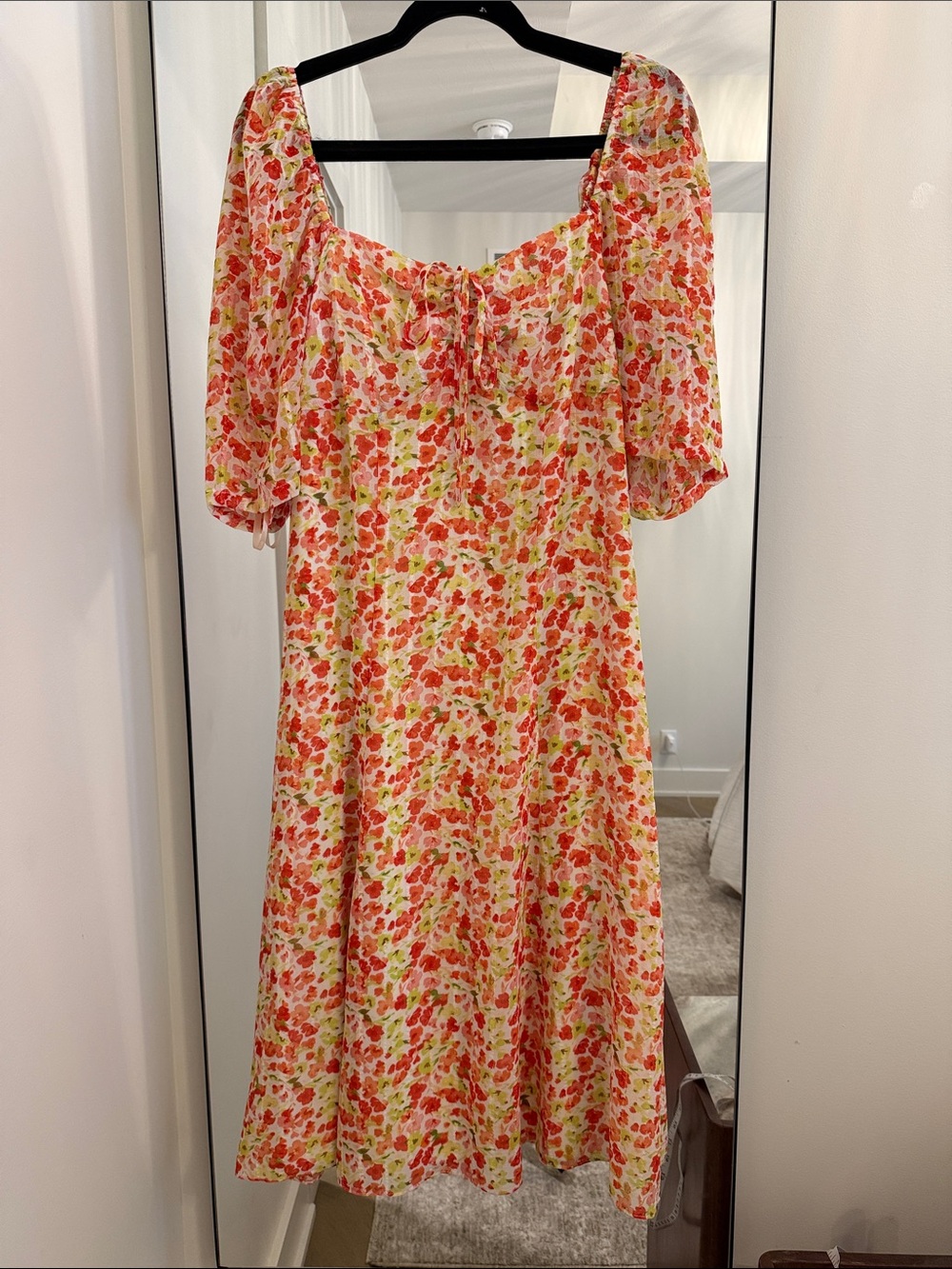 BCBGeneration Floral Puff-Sleeve Midi Dress in Coral, Lime & White